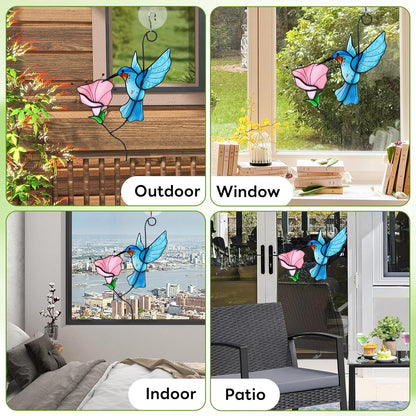 Handmade Stained Glass Hummingbird Suncatcher, Blue Bird with Pink Flower Window Hanging Decor, Art Glass Ornament, Unique Gifts for Mom, Bird Lovers & Home Decoration