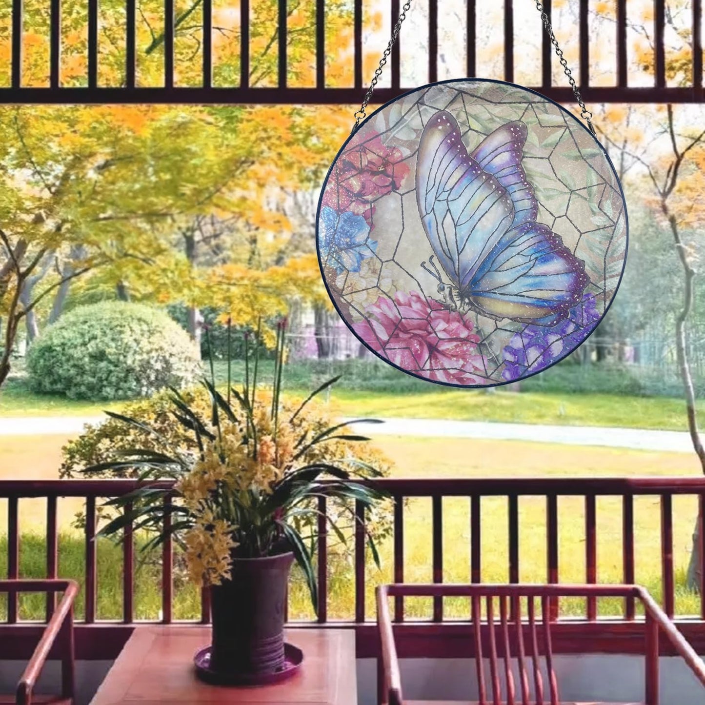 12''Stained Glass Butterfly Suncatcher, Window Hanging, Colorful Glass Decor with Metal Chain
