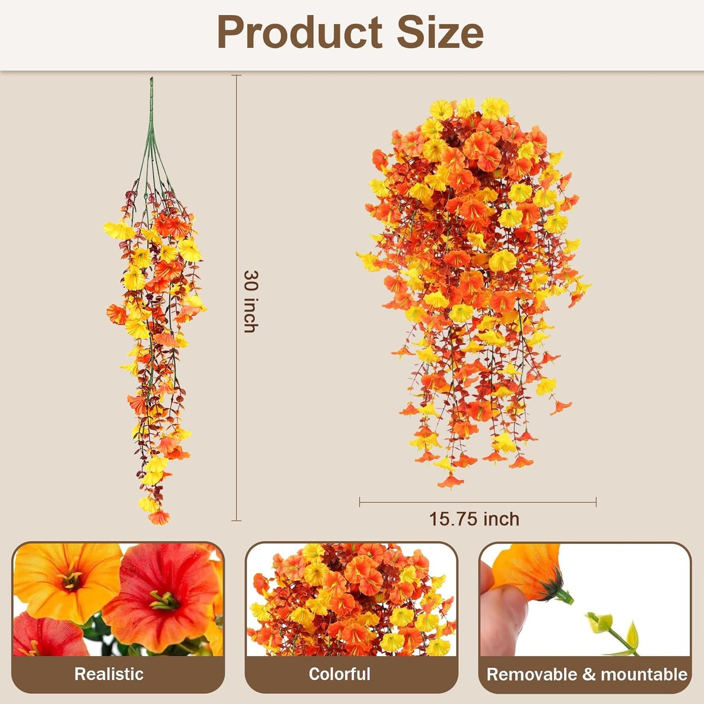 Artificial Hanging Flowers for Outdoors, 5Pcs UV Resistant Faux Petunias, Realistic Fake Silk Long Vines Morning Glory Eucalyptus for Outside Indoor Planter Porch Patio Home Decor
