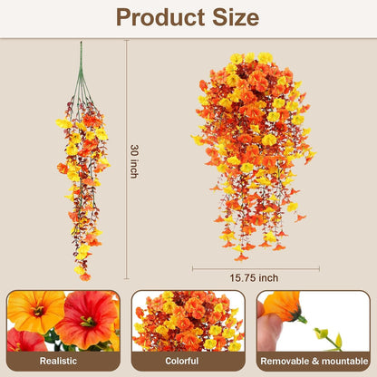 Artificial Hanging Flowers for Outdoors, 5Pcs UV Resistant Faux Petunias, Realistic Fake Silk Long Vines Morning Glory Eucalyptus for Outside Indoor Planter Porch Patio Home Decor