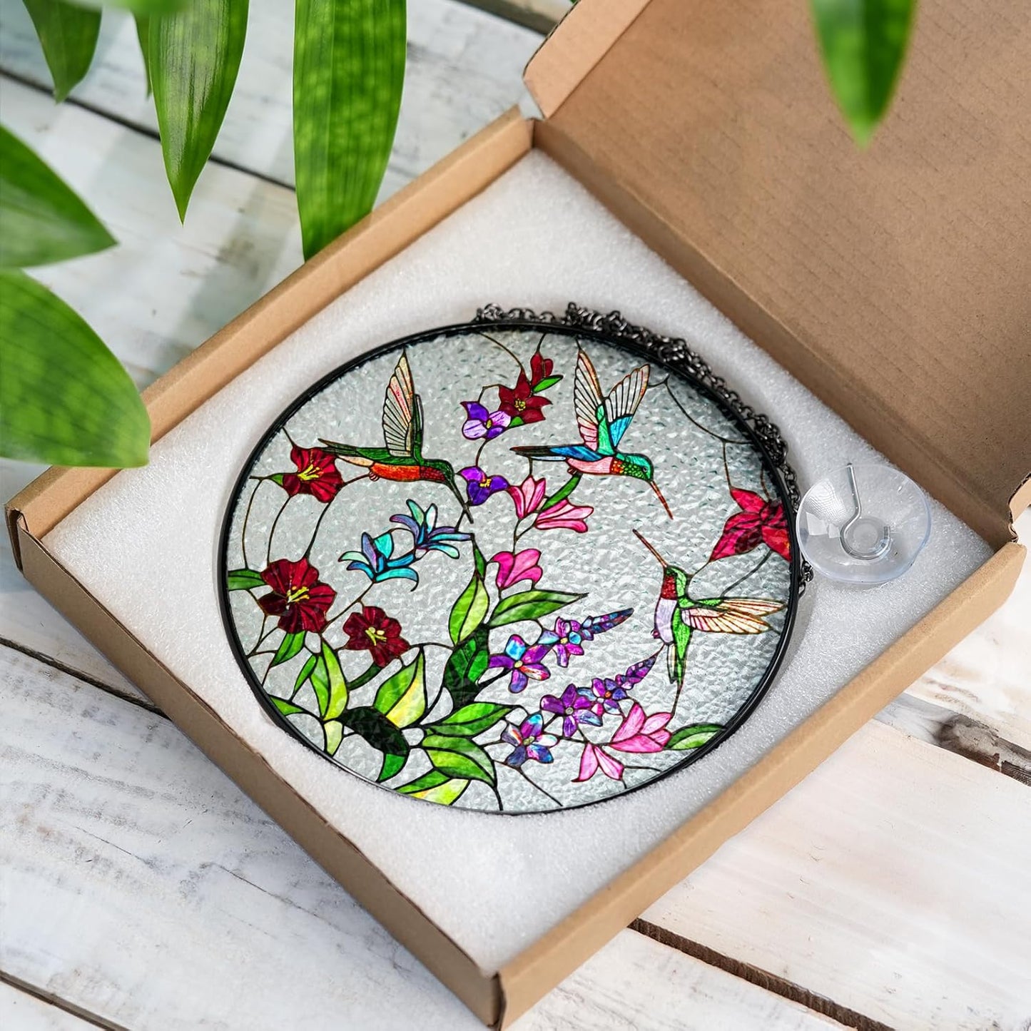 7.8" Green Hummingbird Stained Glass Suncatchers, Bird and Flowers Art Glass for Sun Catcher Indoor Window Gift for Animal Nature Floral Bird Lovers Women Mom Friend Painted Panel Décor BIRD-18B-SG8
