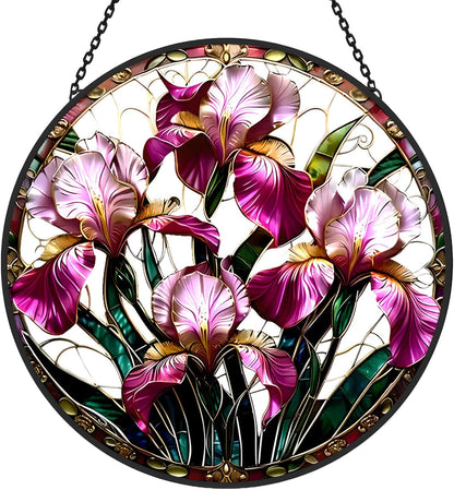Floral Stained Glass Window Hanging - Iris Design Handmade Suncatcher, Luyseyha 8 Inch Sun Catcher for Windows, Home, Garden, Office, Christian Gift