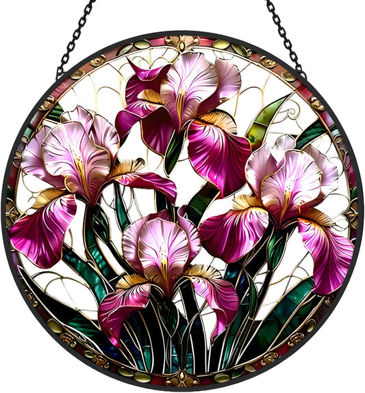 Floral Stained Glass Window Hanging - Iris Design Handmade Suncatcher, Luyseyha 8 Inch Sun Catcher