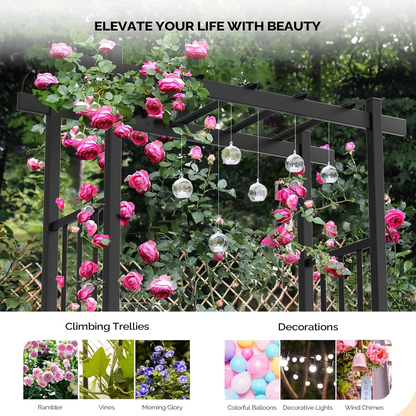 VINGLI Garden Arbor with Gate and Fence, PVC Wedding Arch for Ceremony Party, Garden Trellis for Climbing Plants Outdoor, Arch Backdrop Stand for Garden, Backyard, Lawn, Wedding (Black)