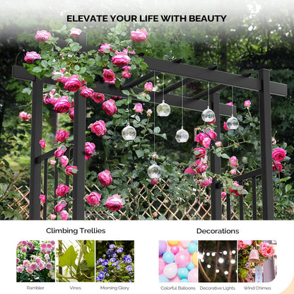 VINGLI Garden Arbor with Gate and Fence, PVC Wedding Arch for Ceremony Party, Garden Trellis for Climbing Plants Outdoor, Arch Backdrop Stand for Garden, Backyard, Lawn, Wedding (Black)