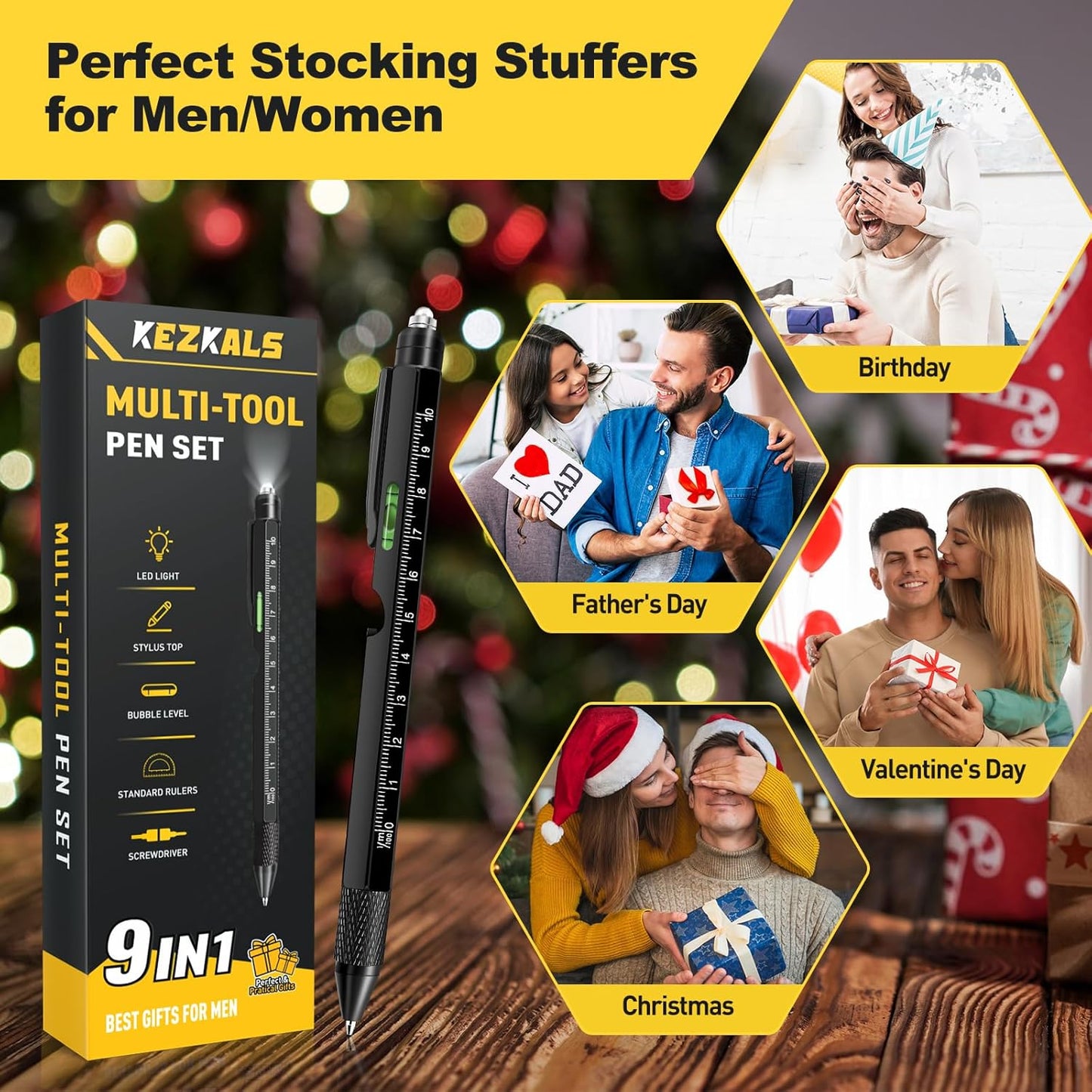 KEZKALS Mens Stocking Stuffers for Teens Adults, 9 in 1 Multitool Pen Gifts for Men, Stocking Stuffers for Men, White Elephant Christmas Gifts for Adults, Mens Gifts for Dad Him Boyfriend Cool Gadgets