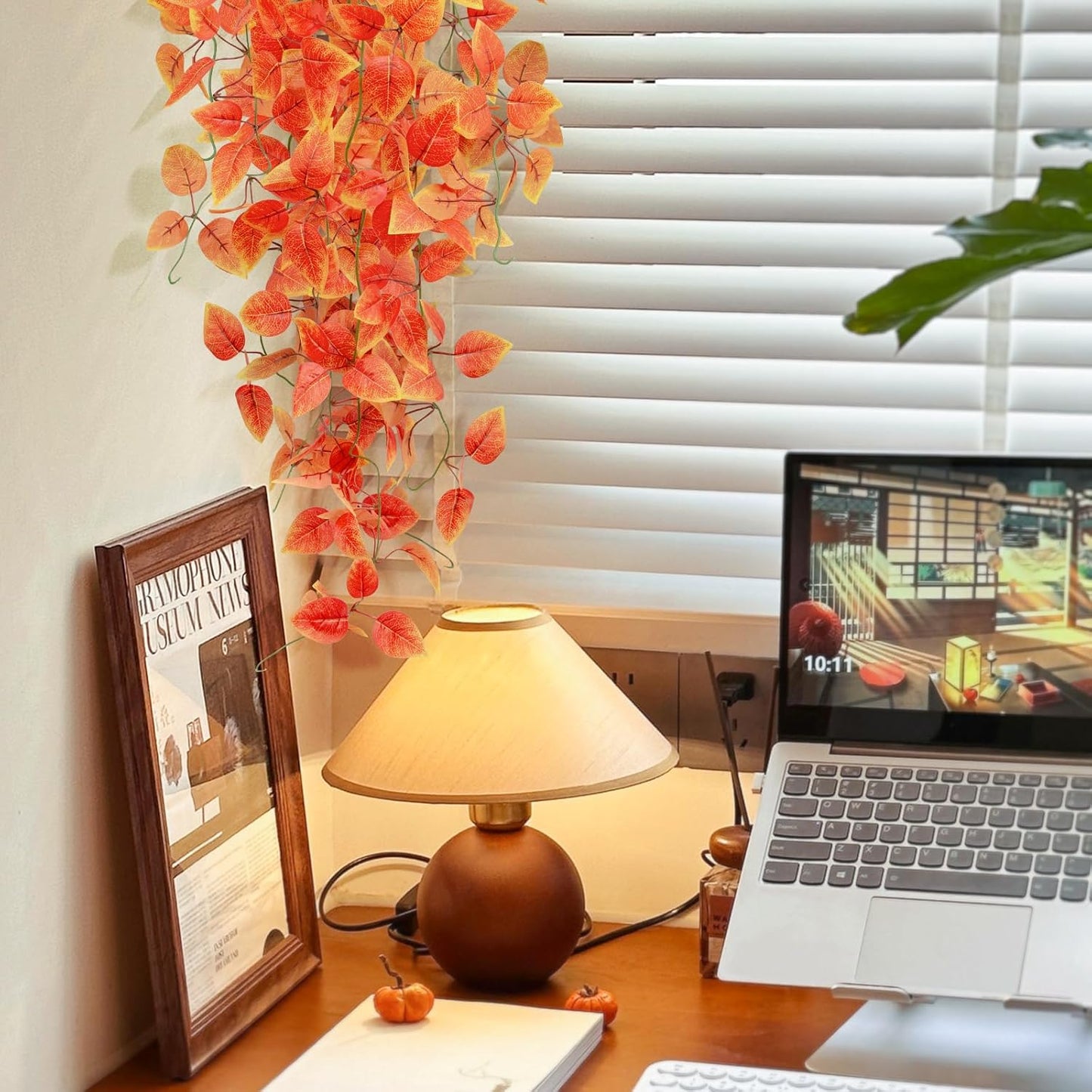 Fake Fall Plants Hanging Faux Orange Vines Artificial Potted Pothos Plant- Fall Decorations Autumn Decor for Thanksgiving Bathroom Wall Kitchen Room Decor Indoor and Outdoor (Black Pot Include)