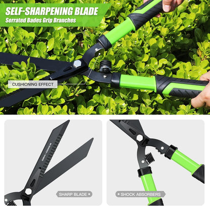 Professional Heavy Duty Hedge Shears 23" - Serrated Blade & Dual Shock Handle, Ergonomic Gardening Clippers with Anti-Rust Coating