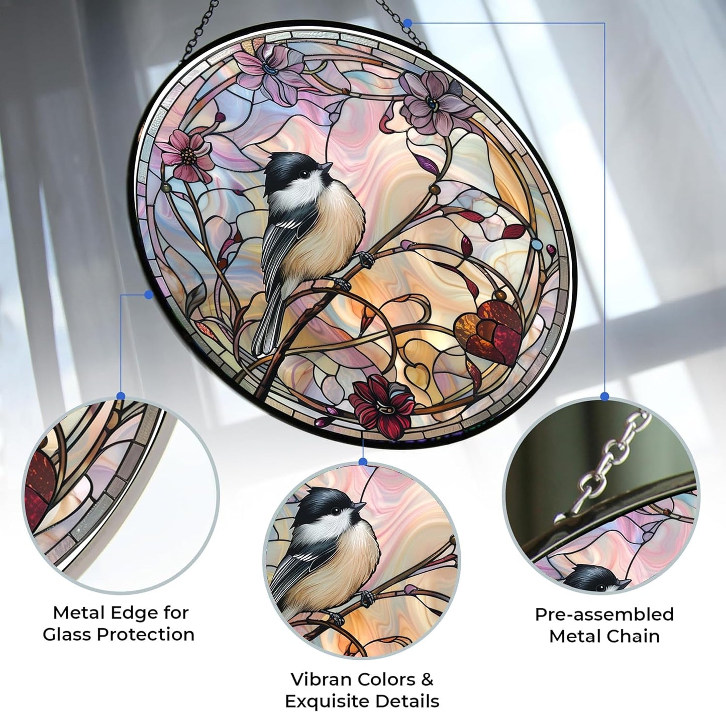 Easter Chickadee Stained Glass Suncatcher Stained Glass Window Hangings Birthday Gift for Mom Grandma Teacher Women Friend Memorial Hook