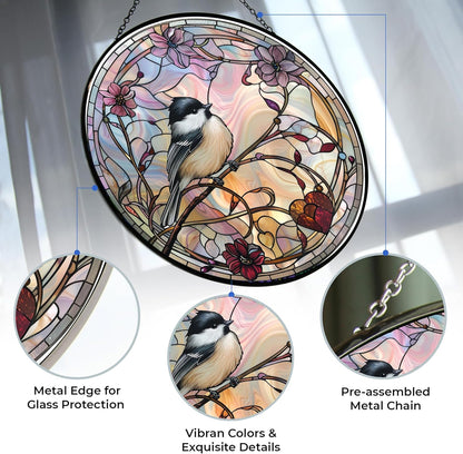 Easter Chickadee Suncatchers for Windows,6.3” Stained Glass Window Hangings,Hand-Painted Glass Panel Perfect for Home Décor