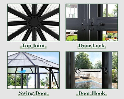 Jocisland 12x10x8 FT Hexagonal Greenhouse for Outdoors, Quick-Connectors, Aluminum Frame with 2 Vents, 2 Swing Doors, and Walk-in Design for Garden or Backyard, Black
