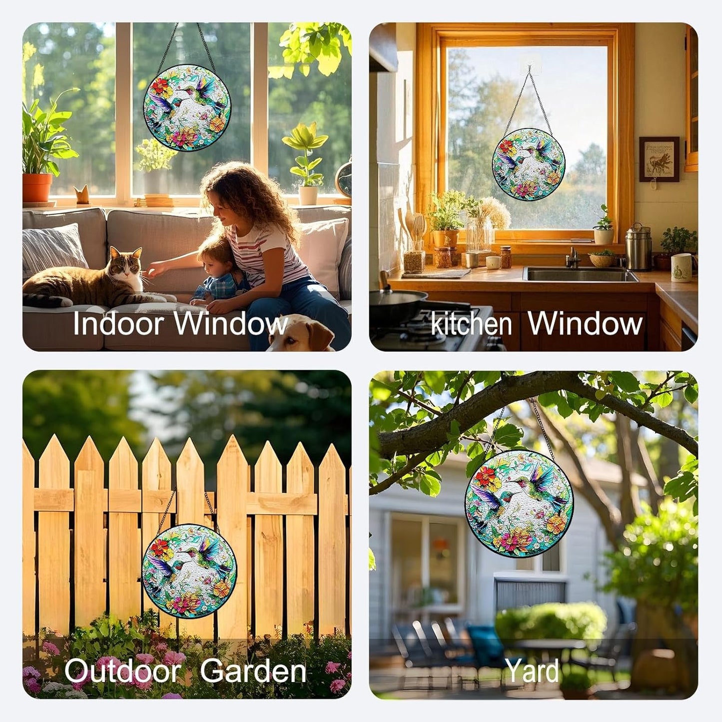 Hummingbird Suncatcher Stained Glass Window Hanging | 7.87" Round Sun Catchers Indoor Window Decor Outdoor Garden & Wall | Stain Glass Sun Catcher Gifts for Women & Bird Lovers
