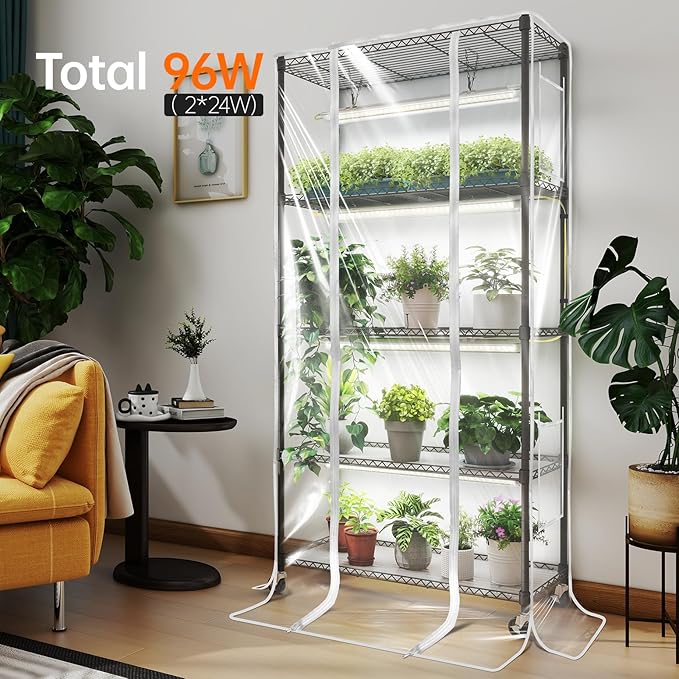 Bstrip Indoor Greenhouse with Grow Light, Mini Green house with 4 Pack T8 Full Spectrum Plant Lights with Timer, Plant Shelf with Tent for Indoor Plant, Seed Starting, Seed Tray, 29.5"x13.8"x59"