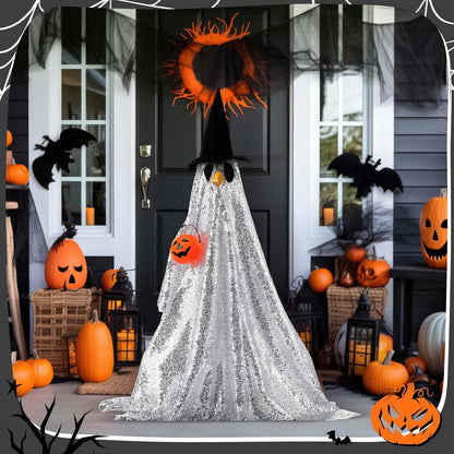 Halloween Porch Goose Outfit Ghost Lawn Goose Clothes with Pumpkin Bag for 23" Disco Plastic/Cement Outdoor Patio Yard Lawn Art Decoration(Silver,Sequins)