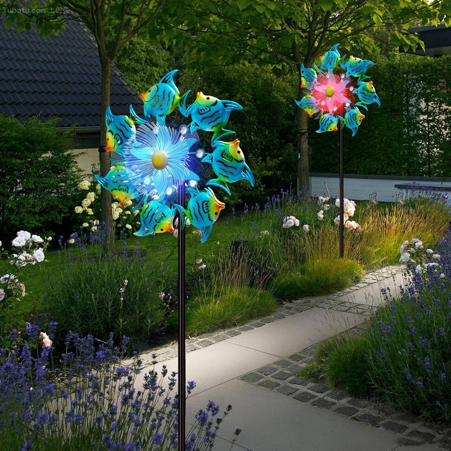 Solar Wind Spinners Outdoor, 51" Waterproof Metal Stake Tropical Fish Sculpture with 7 Color LED Lights 360° Rotating Kinetic Solar Windmill for Yard Garden Lawn Patio Decor