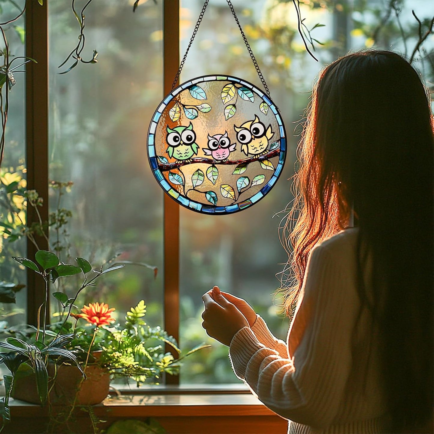 7.87” Owl Stained Glass Suncatcher - Hand-Painted Colorful Owls on Tree Window Hanging with Metal Chain, Vibrant Bird Decor for Indoor/Outdoor - Gift for Women, Mothers Day & Bird Lovers