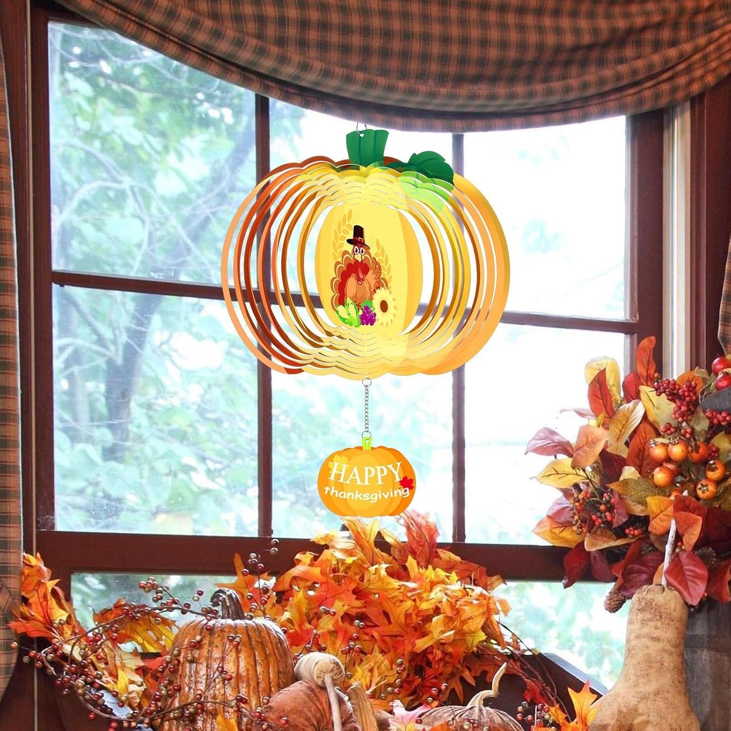Thanksgiving Wind Spinners Fall Harvest Turkey Pumpkin Wind Spinner 3D Stainless Steel Hanging Wind Sculptures for Indoor Outdoor Yard Garden Decorations - 11.8 Inch