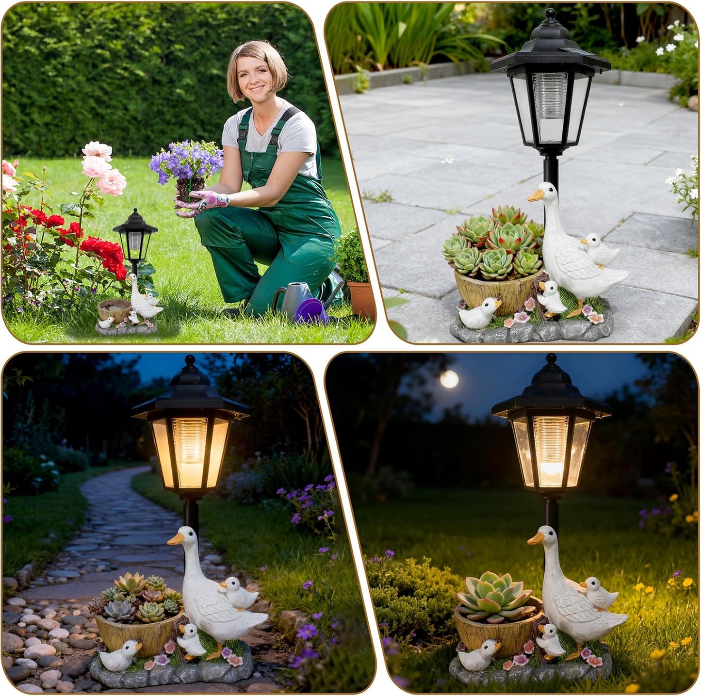 Garden Duck Statues with Solar Lantern Flowerpot Outdoor Decoration, Duck Figurines Yard Art Sculptures for Patio Lawn Backyard Porch Ornaments Unique Housewarming Birthday Gifts for Women Mom