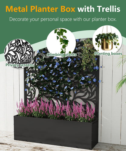2PCS Metal Planter Box with Trellis,70.9"x47.2"x15.7" Raised Garden Bed with Drainage Holes, Privacy Planters for Outdoor Garden Bed for Climbing Plants,Vegetables,and Vines, Black-Flower
