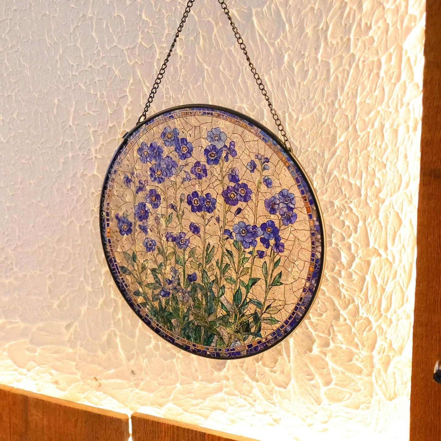 Forget-Me-Not Flower Stained Glass Suncatcher, 7.8 Inch Handmade Blue Floral Window Hanging Decor - Garden, Home Gift for Women, Mom, Grandma