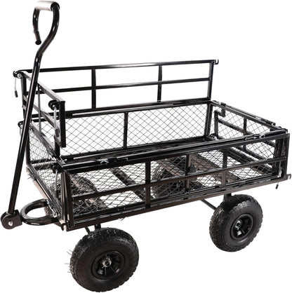 Heavy Duty Garden Wagon with Foldable Sides, Pneumatic Tires, Adjustable Handle (Black Double Layer)