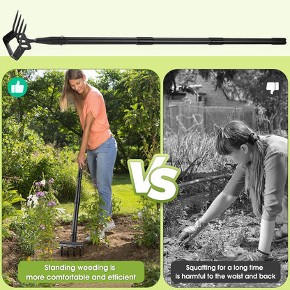 Weed Puller Gardening Tools, Hula Garden Hoe and 4 Tines Rake 2-in-1 Garden Tools for Weeding, Action Stirrup Hoe with Adjustable Long Handle for Lawn,Vegetable Garden Loose Soil,Weeding and Planting