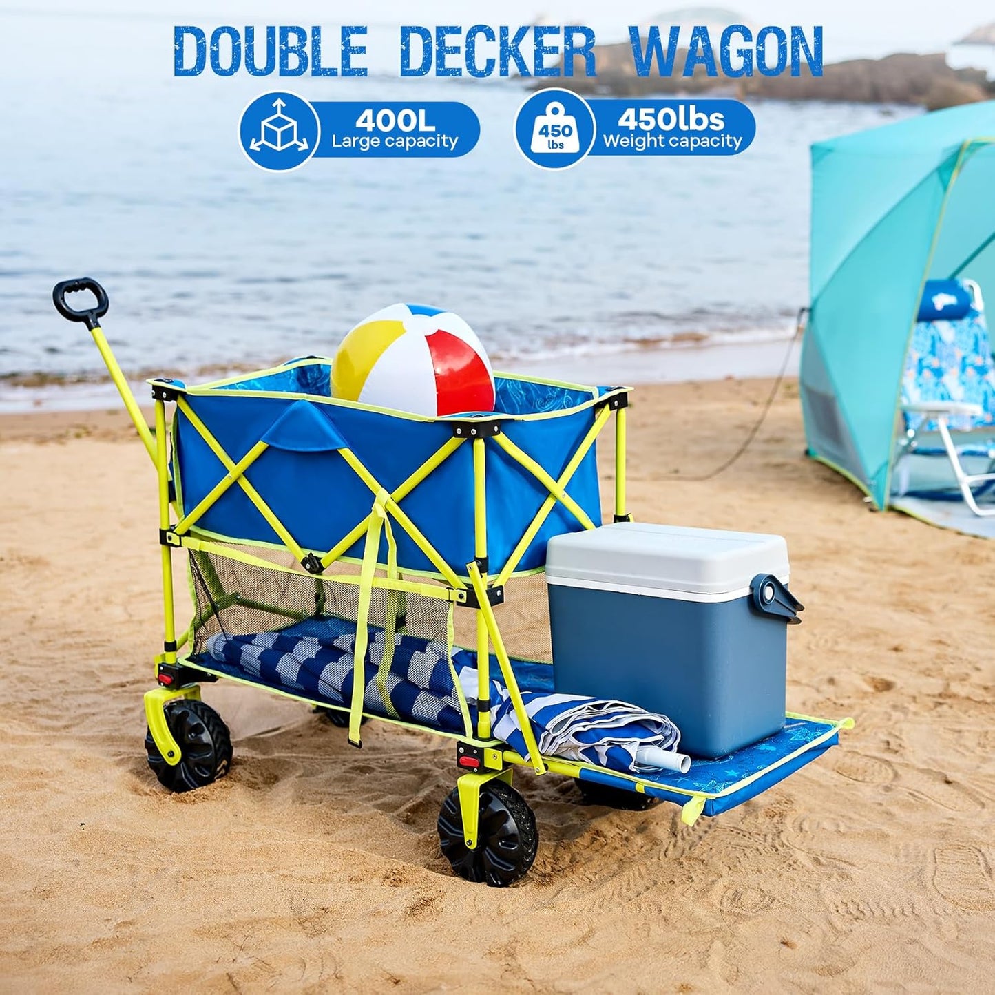 Old Bahama Bay 400L Collapsible Double Decker Beach Wagon with Brakes, Folding Beach Cart with 54" Extra Long Decker, 450LBS Heavy Duty Wagon Chart with All-Terrain Big Wheels for Sand Camping Garden