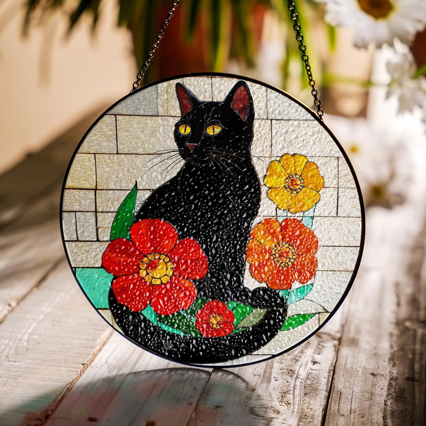 7.8" Black Cat Stained Suncatchers Art Glass Cats Flowers for Sun Catcher Indoor Window Gifts for Pet Animal Nature Floral Lovers Women Grandma Mom Friend Painted Glass Panel Décor PET-01D-SG8