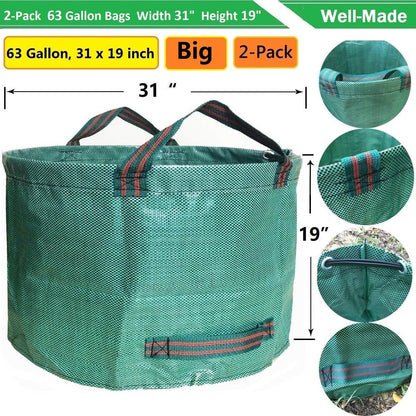 Professional 2-Pack 63 Gallons Lawn Garden Bags Yard Waste Bag (D31, H19 inches) with Gardening Gloves,Standable,Reusable Leaf Grass Bag,Garden Trash Containers,Lawn Yard Waste Bags with 4 Handles