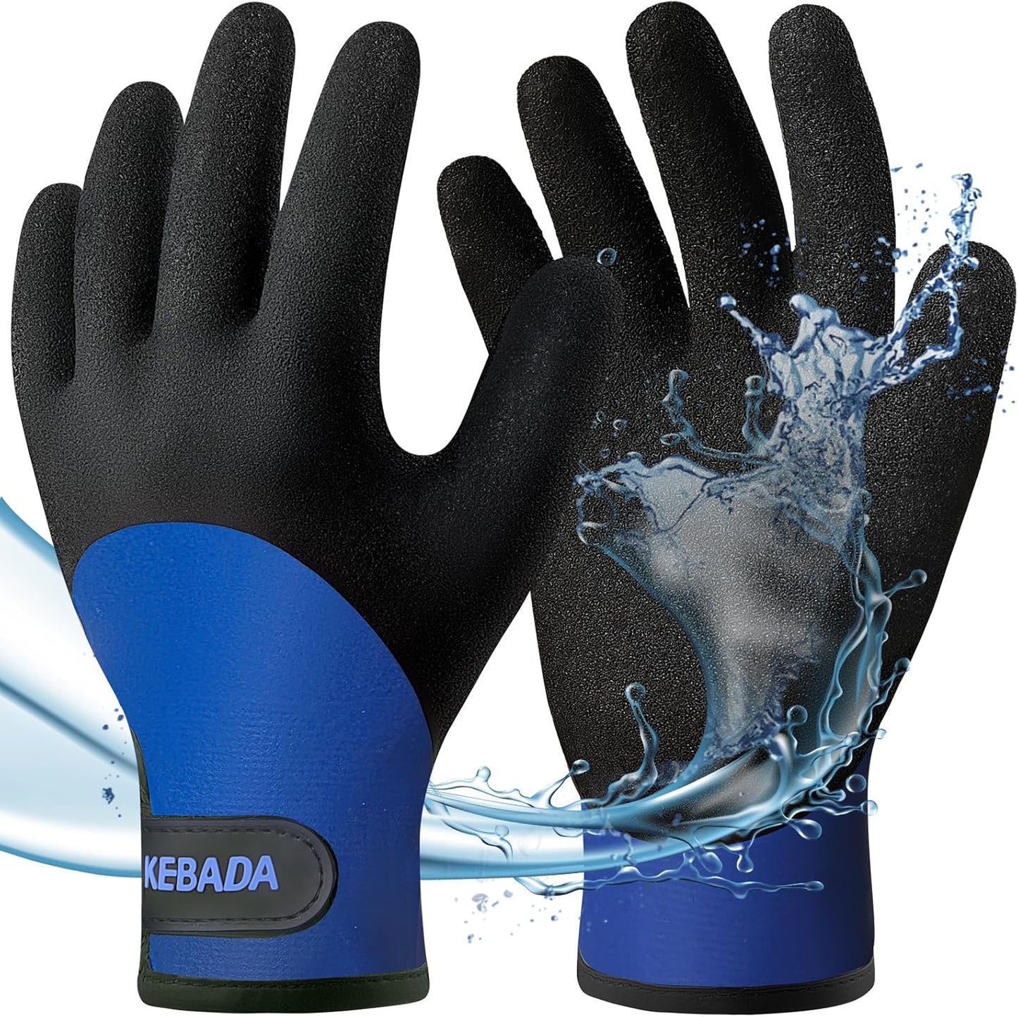 Kebada T2 Waterproof Winter Work Gloves for Men and Women - Thermal Insulated Freezer Gloves for Working in Freezer for Cold Weather, 100% Latex Coating, Wrist Closure, 1 Pair, Blue, Small