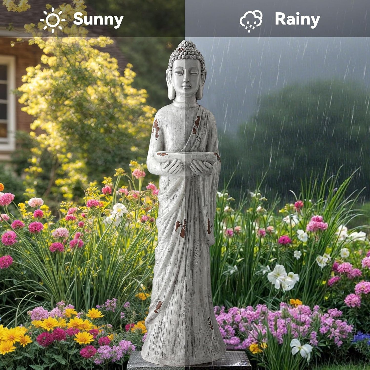 Zen Garden Asian Buddha Statue, 42.1" Large Outdoor Yard Sculpture,Durable Magnesium Oxide Stone Decor for Patio, Yard,Indoor Spaces, Antique White