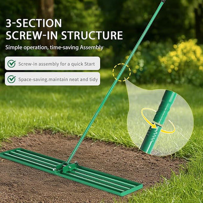 VINGLI Iron Lawn Leveling Rake 36in for Soil Sand Composs, Extended Handle, 180°Rotation Head, with All Handwares, for Yard Garden Golf Field, Green (36in)