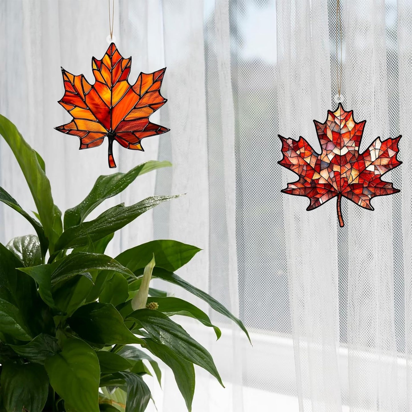 4PCS Maple Leaf Acrylic Fall Ornament Window Hanging Autumn Leaf Decoration, Acrylic Fall Leaves Wall Art Decor Pendent Suncatcher for Fall Autumn Thanksgiving Festival Xmas Party Supplies