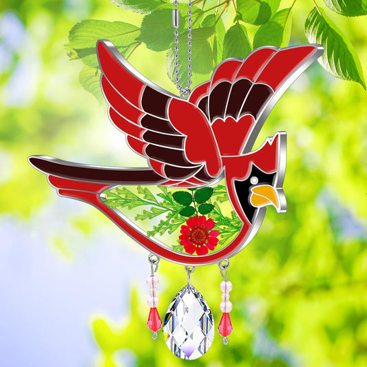KY&BOSAM Cardinal Suncatcher Mom Gift Glass Had Painted Glass Suncatcher Windows Hanging Ornament Pressed Real Flower and Crystal Charm for Women Mom Birthday Christmas Decor