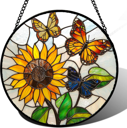 Stained Glass Window Hanging, Butterfly and Sunflowers Sun Catchers Glass Panel Plant Insects