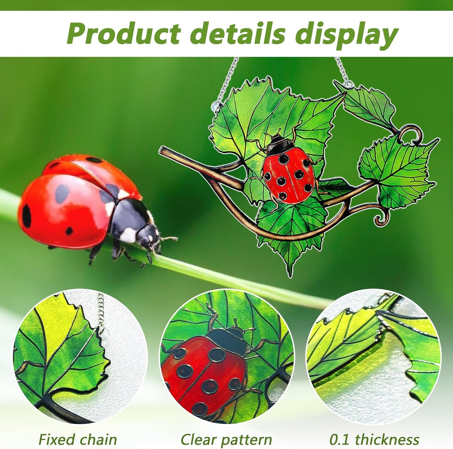 Stained Glass Suncatcher Window Hanging, Ladybug Sun Catchers Indoor Window, Green Leaves and Ladybug Suncatchers for Garden/Porch/Patio Decor, Bug Lovers Gifts Unique