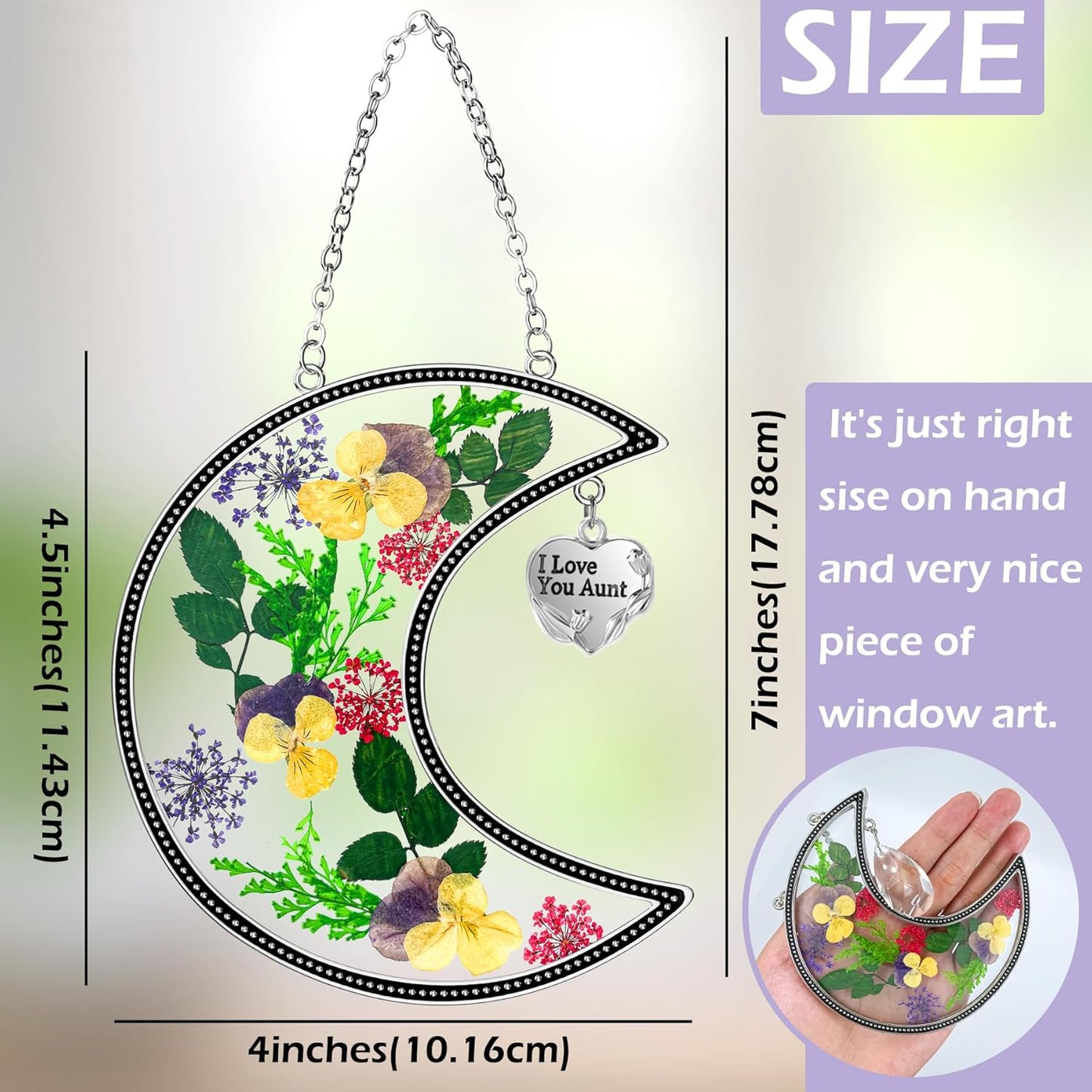 KY&BOSAM Moon Suncatchers Aunt Gifts for Mom Family Friends Stained Glass for Windows Wind Chimes Real Flower Colorful and Metal I Love You Aunt Heart Chain Outdoor for Garden Indoor Home Trees Decor