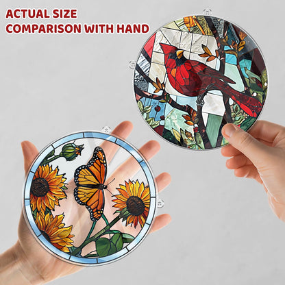 2 Cardinal Butterfly Acrylic Suncatcher, Art Decor for Home, Suncatcher for Window Hanging Indoor, Garden, Housewarming, Gift for Mom, Grandma, Women, Friend, Bird Lover SCB-A6-B4