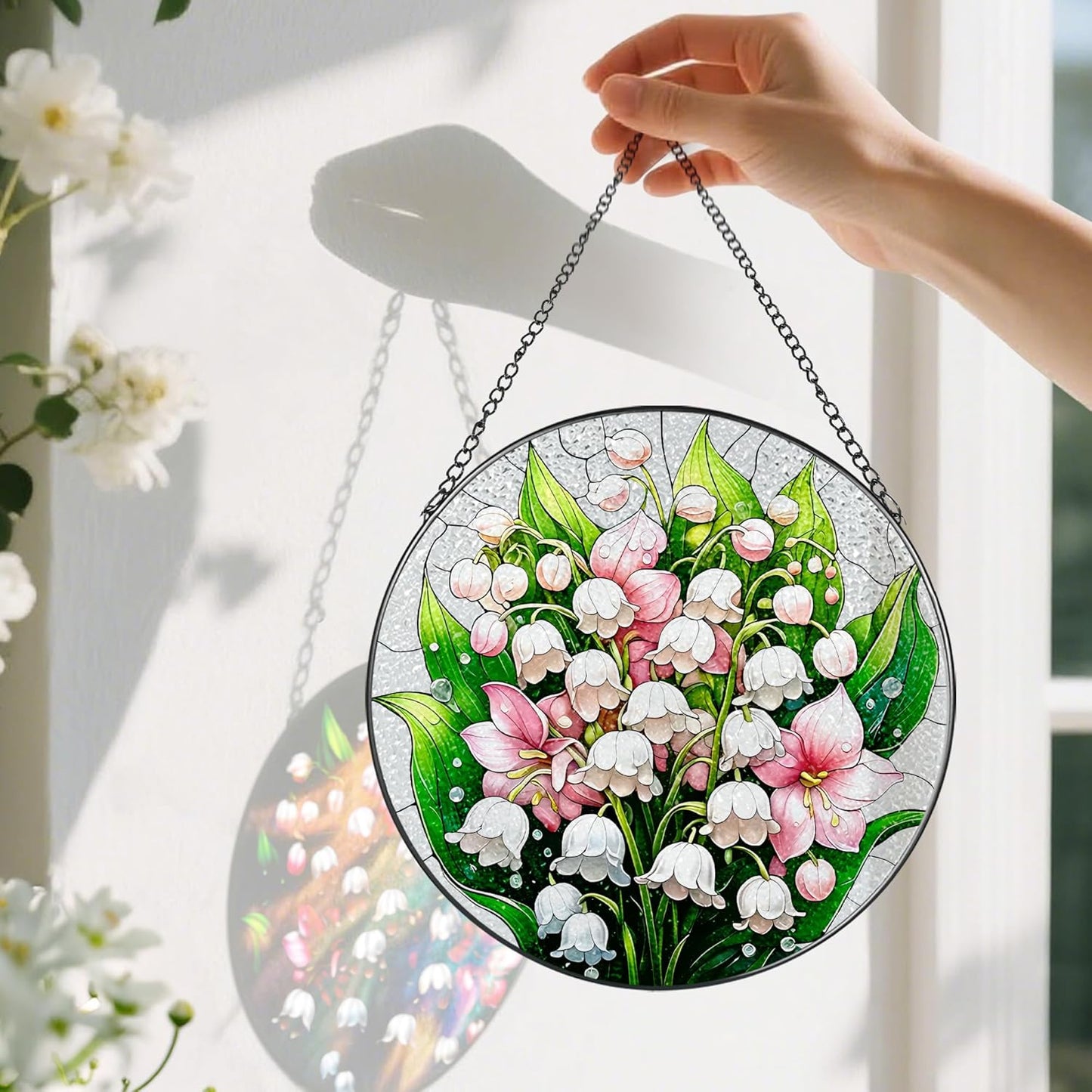 8-Inch Stained Glass Ornament, Stained Glass Window Hanging, Window Hanging Decor Suncatcher, The Valley Lily Flower Ornament | Holiday, Mother's Day, Birthday | Gifts for Flower Lovers, Mom & Grandma