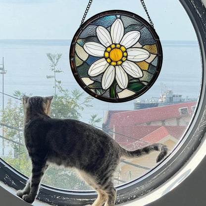 Stained Glass Window Hanging - Yellow White Daisy Birth Flower Suncatcher for Door Garden Yard Sun Catchers Decor Christmas Mother's Day Birthday Gifts for Teacher Women Mom Nana 6.3 in