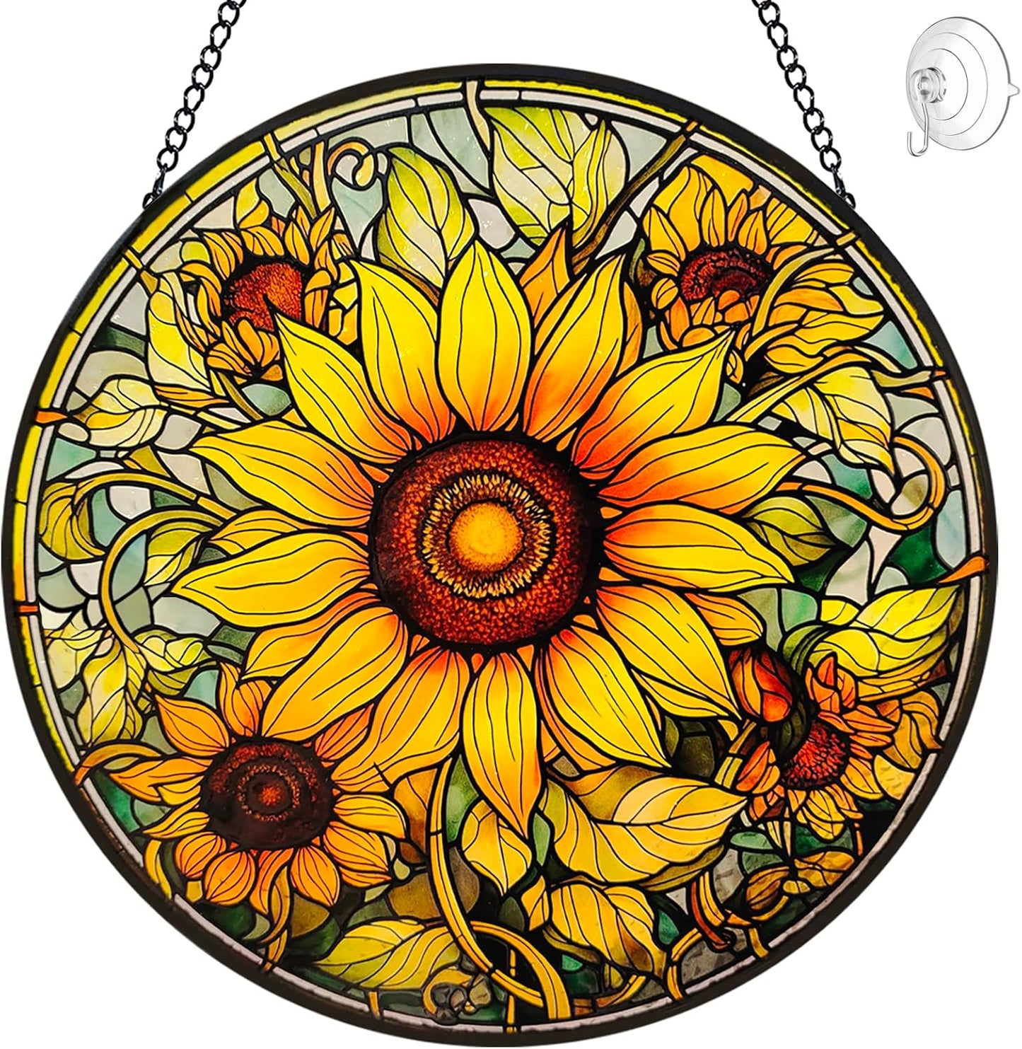 Sunflower Suncatcher Stained Glass Window Hanging Ornaments - 8” Handmade Sun Catchers Indoor Window Outdoor Garden Decor - Wall Art Sun Flower Glass Panel with Hooks - Sunflower Gifts for Women Mom