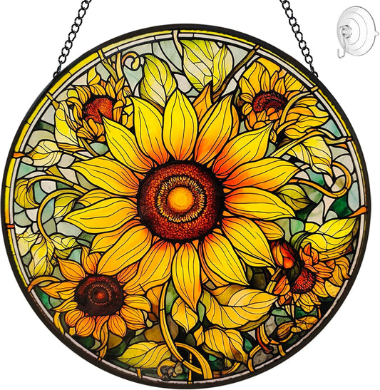 Sunflower Suncatcher Stained Glass Window Hanging Ornaments - 8” Handmade Sun Catchers Indoor