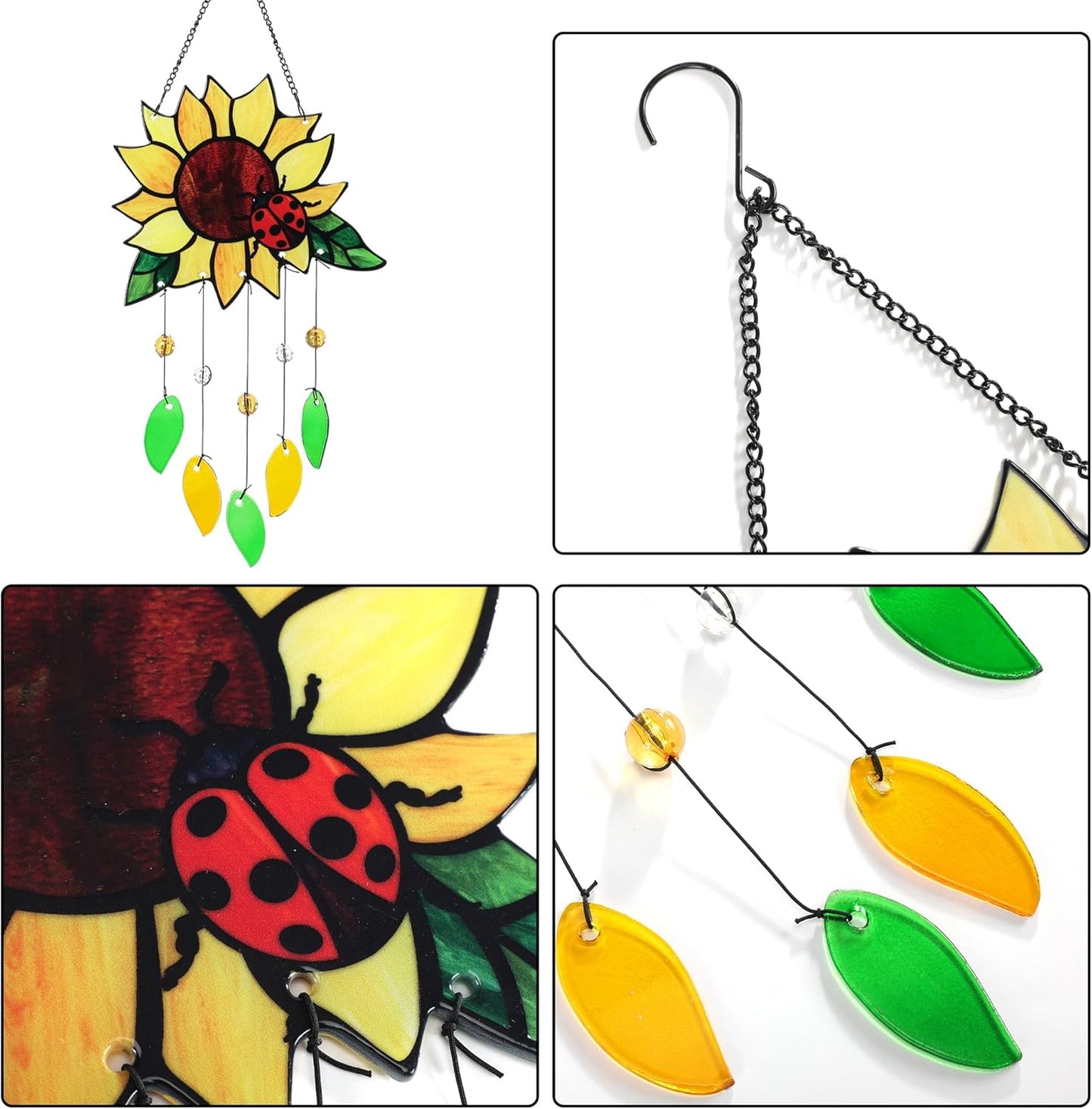Stained Glass Suncatcher, Sunflower and Ladybug Window Hanging, 20 x 8 inches, Hand-Painted (Style 1)