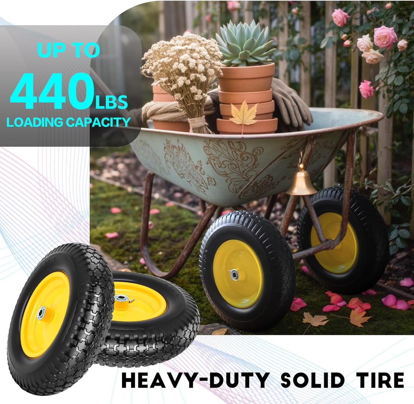 16" 4.80/4.00-8" Flat-Free Solid Wheelbarrow Wheel and Tire, 3"-7"Centered Hub with 5/8"&3/4" Bearings for Wheelbarrows Utility Cart Lawn Dollies