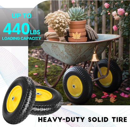 16" 4.80/4.00-8" Flat-Free Solid Wheelbarrow Wheel and Tire, 3"-7"Centered Hub with 5/8"&3/4" Bearings for Wheelbarrows Utility Cart Lawn Dollies