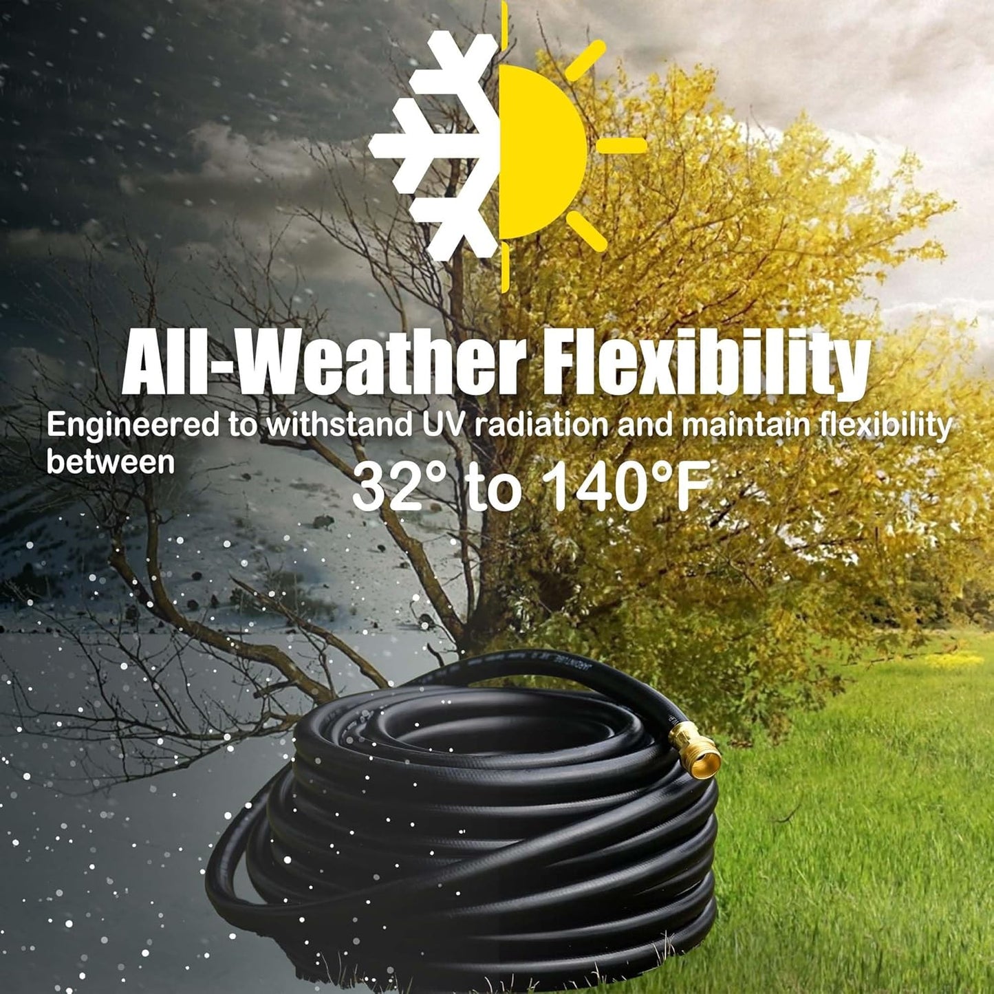 Hybrid Garden Hose 25FT - 5/8" Durable Sturdy and Functional Heavy Duty Rubber Hose with Brass Fittings - UV Resistant and Leak Proof for Lawn Care Gardening and Outdoor Cleaning