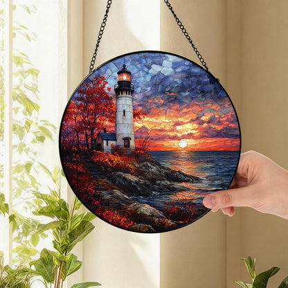 Coastal Lighthouse in Autumn Suncatcher -7.9 in Stained Glass Window Hanging Sun Catcher Garden Decor