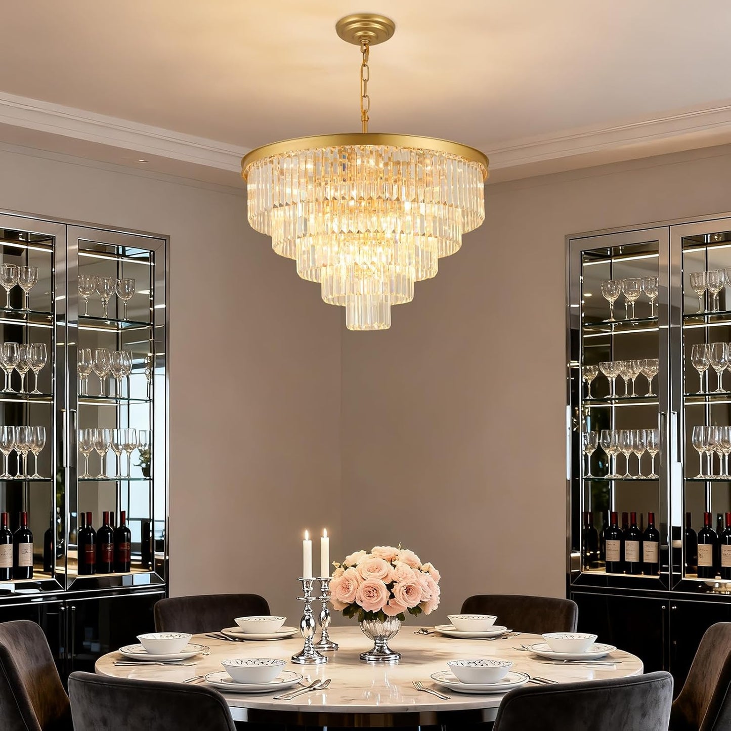 Crystal Chandeliers for Dining Room Lights Fixture Over Table, 20 Lights Gold Modern Chandeliers for Living Room, 5-Tier Round Crystal Lighting Fixtures for Bedroom Entryway Kitchen Island D30 Inch
