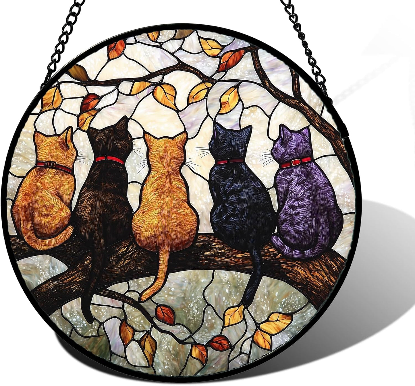 Stained Glass Window Hanging - 5 Cats on a Branch Suncatcher for Window Doors Home Decoration and Christmas, Mother's Day Father's Day Birthday Gifts for Women, Men, and Mom 11.8x11.8 in