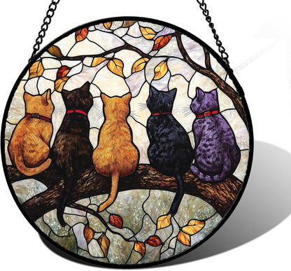 Stained Glass Window Hanging - 5 Cats on a Branch Suncatcher for Window Doors Home Decoration and Christmas, Mother's Day Father's Day Birthday Gifts for Women, Men, and Mom 11.8x11.8 in